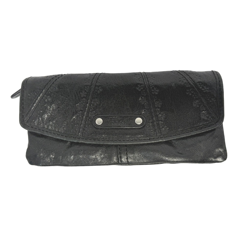 Fossil Black Leather Talitha Floral Embossed Flap Clutch Wallet SWL9933